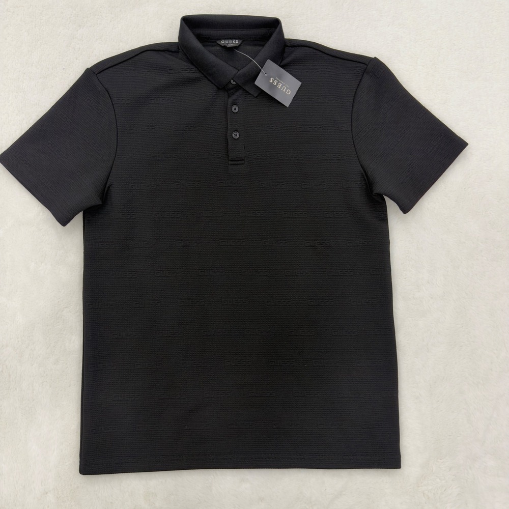 Guess Mens Black Logo Jacquard Short Sleeve Polo Shirt X6OPB1 K2740 Size S